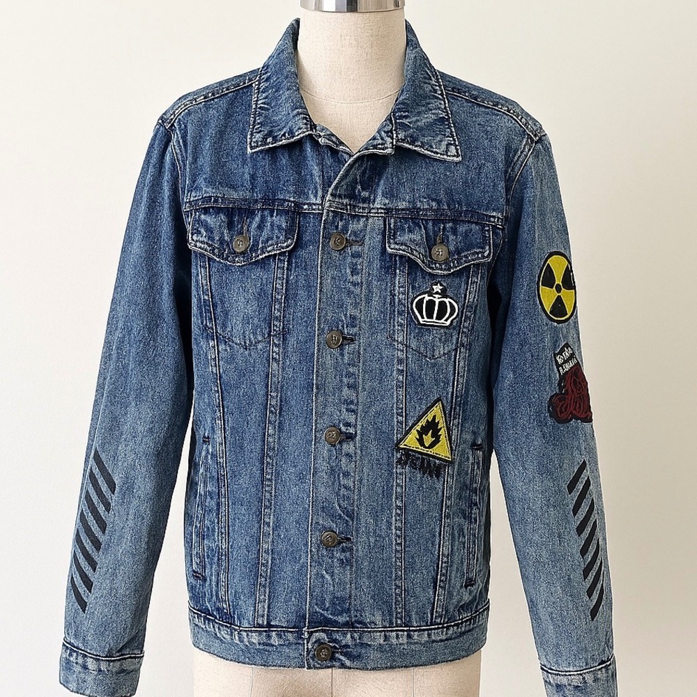 Rebel Star Denim Jacket Mens Medium Blue Distressed Patchwork Graphic Streetwear